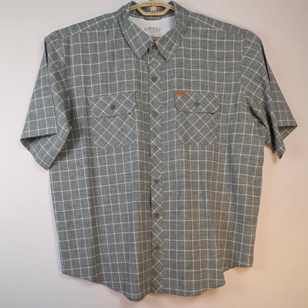 Orvis Mens XXL Gray Windowpane Plaid Short Sleeve Button Down Shirt Mesh Back